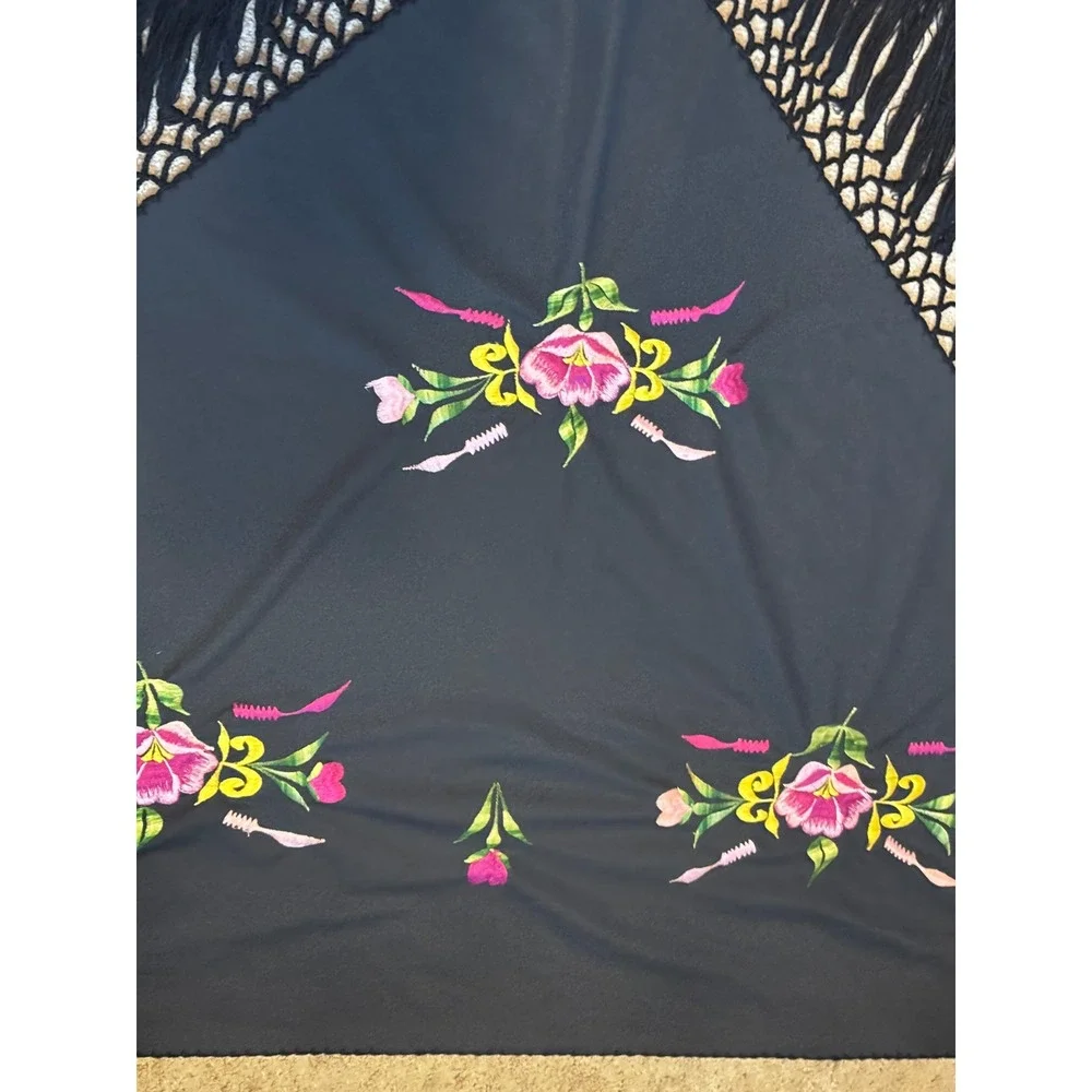 Vintage Black Floral Embroidered Triangle Shawl with Macrame Fringe Wrap